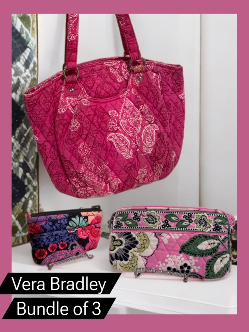 Bundle of 3 Vera Bradley Pink Paisley Shoulder Tote, Pouch & Card/Coin Purse